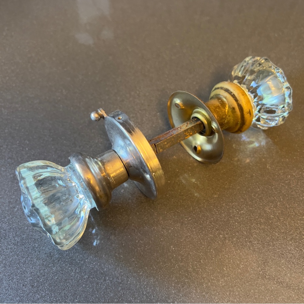 Antique Crystal Glass and Brass 12 Point Victorian Locking Bathroom Door Knob 3